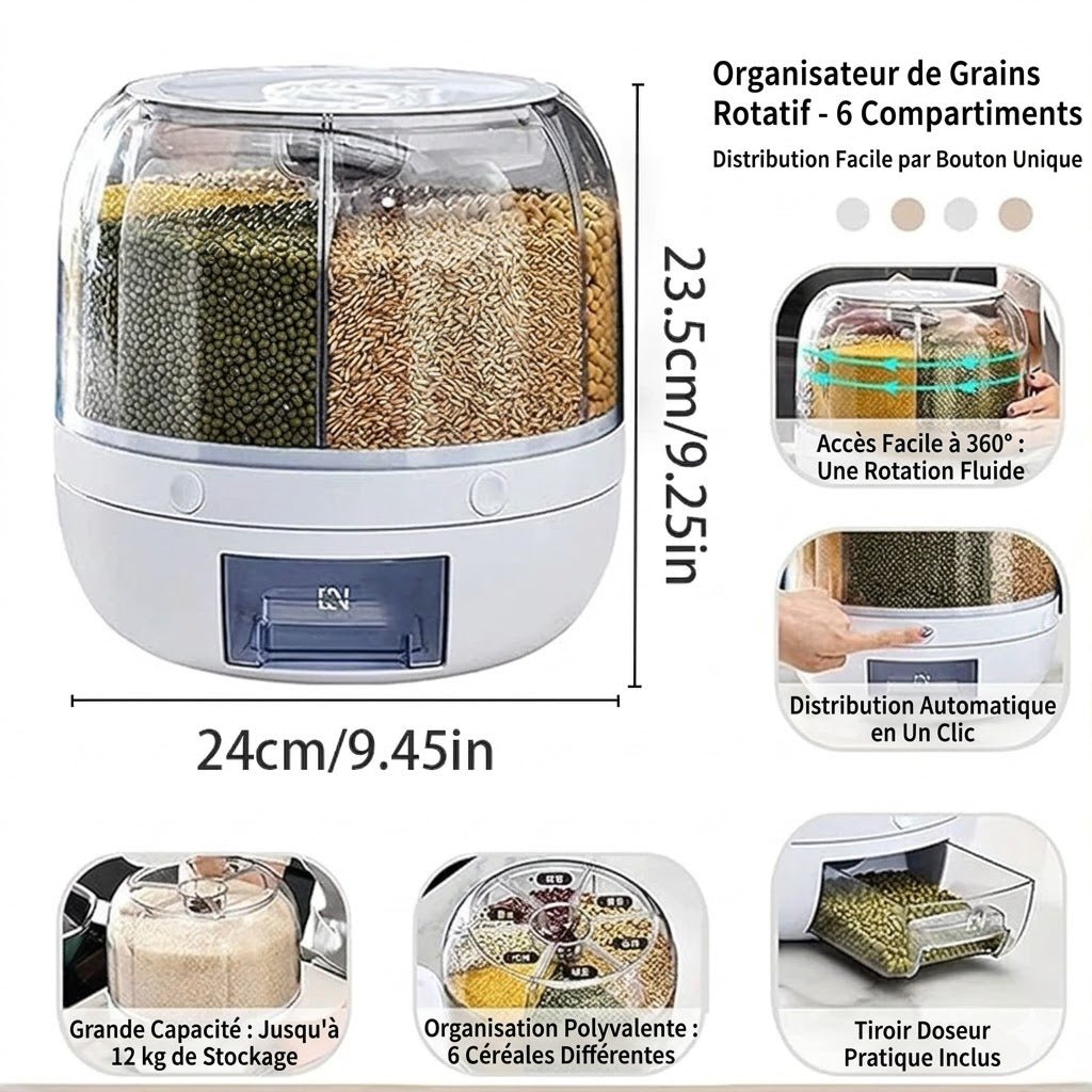 Distributeur de Céréales Pâtes et Riz Rotatif à 6 Compartiments -