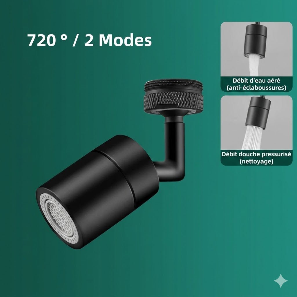 Embout Robinet Universel Rotatif 720° Double Jet - Noir