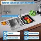 Évier de Cuisine Double Bac en Acier Inoxydable Finition Brossée -