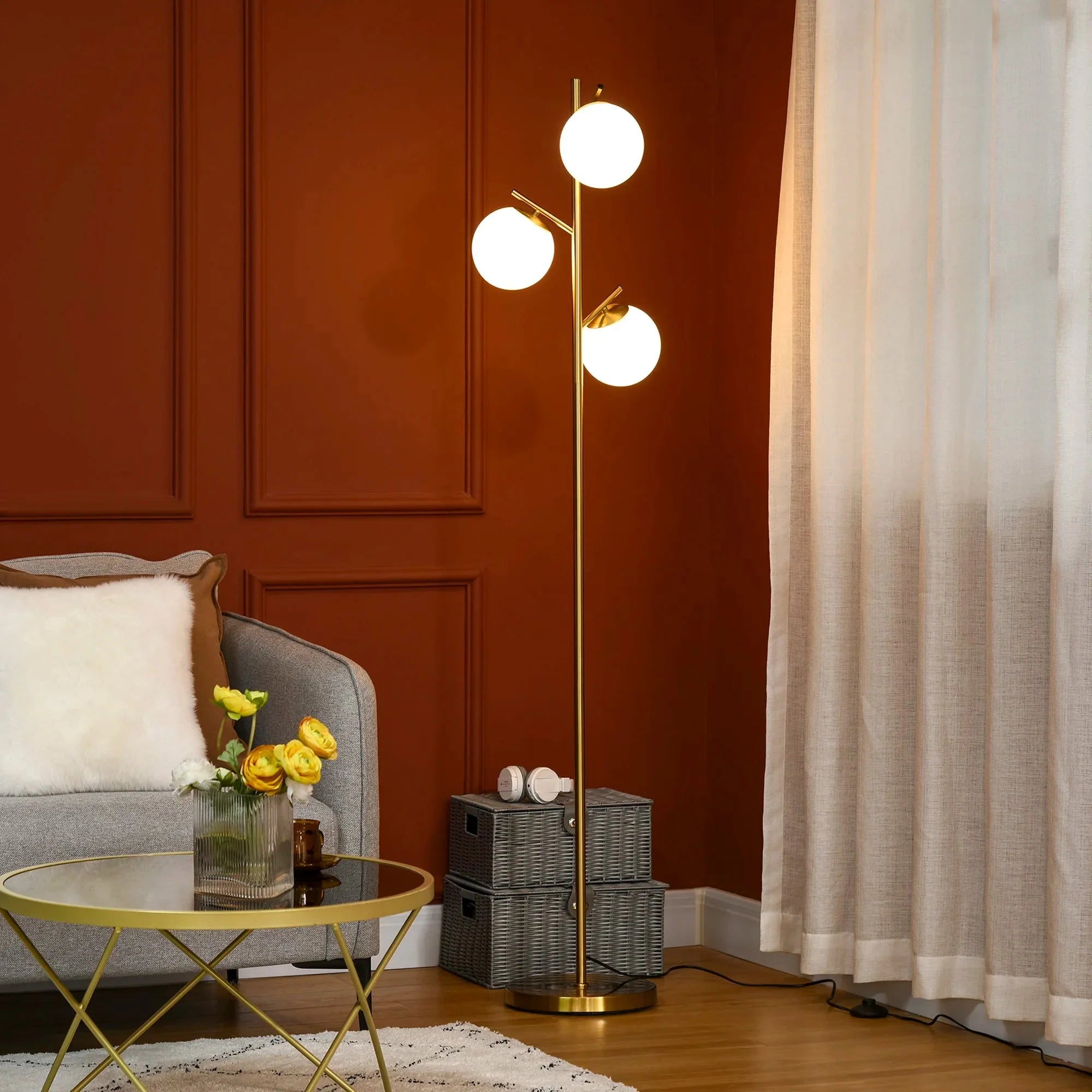 Lampadaire Arbre Laiton Doré et Globes en Verre -
