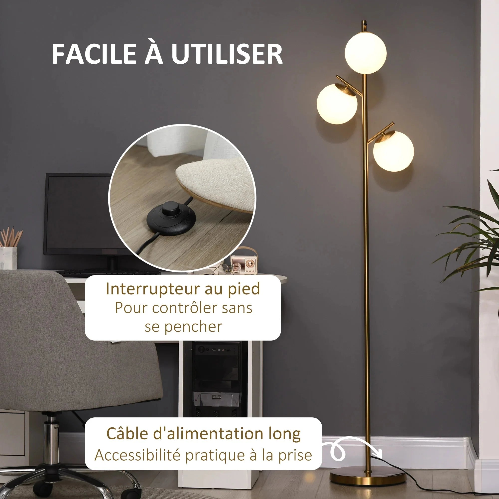 Lampadaire Arbre Laiton Doré et Globes en Verre -