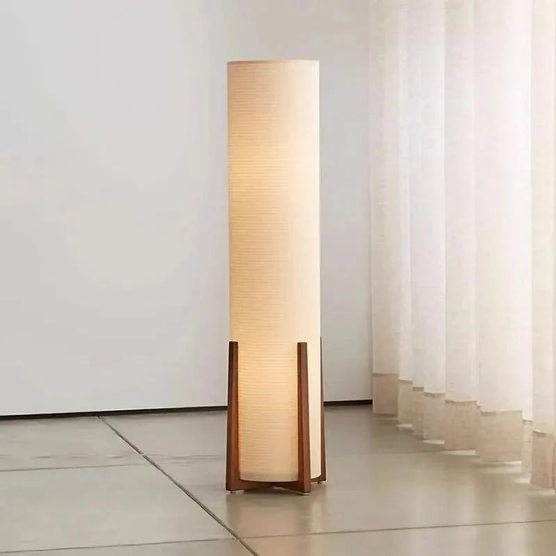 Lampadaire Colonne Tissu et Socle en Bois - A
