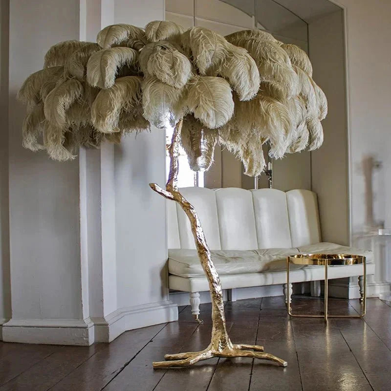 Lampadaire Design Arbre Plumes d'Autruche - Beige