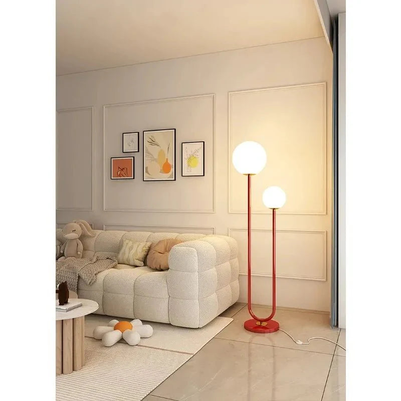 Lampadaire Double Globe en Verre Opaque 160 cm - Rouge