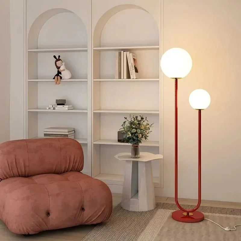 Lampadaire Double Globe en Verre Opaque 160 cm - Rouge