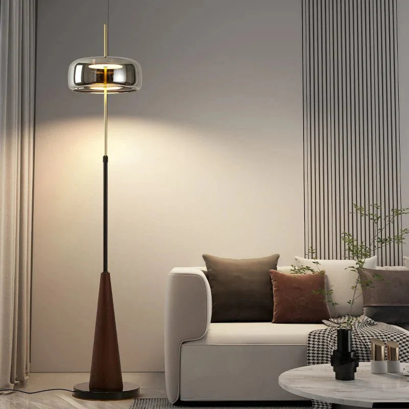 Lampadaire Droit Élégant en Métal Laiton et Verre Fumé - Blanc froid