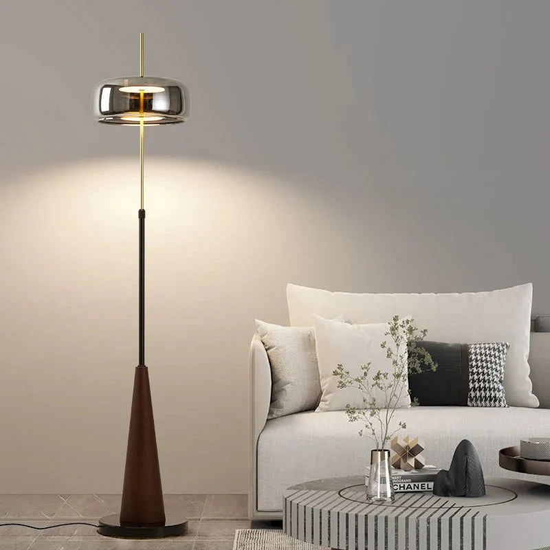 Lampadaire Droit Élégant en Métal Laiton et Verre Fumé - Blanc froid