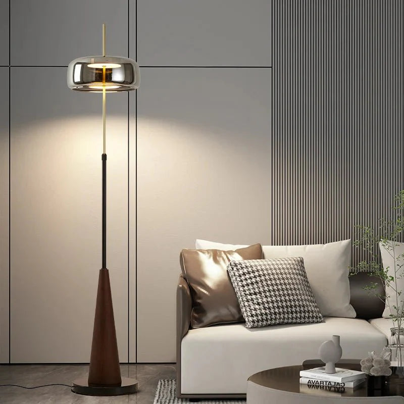 Lampadaire Droit Élégant en Métal Laiton et Verre Fumé - Blanc froid
