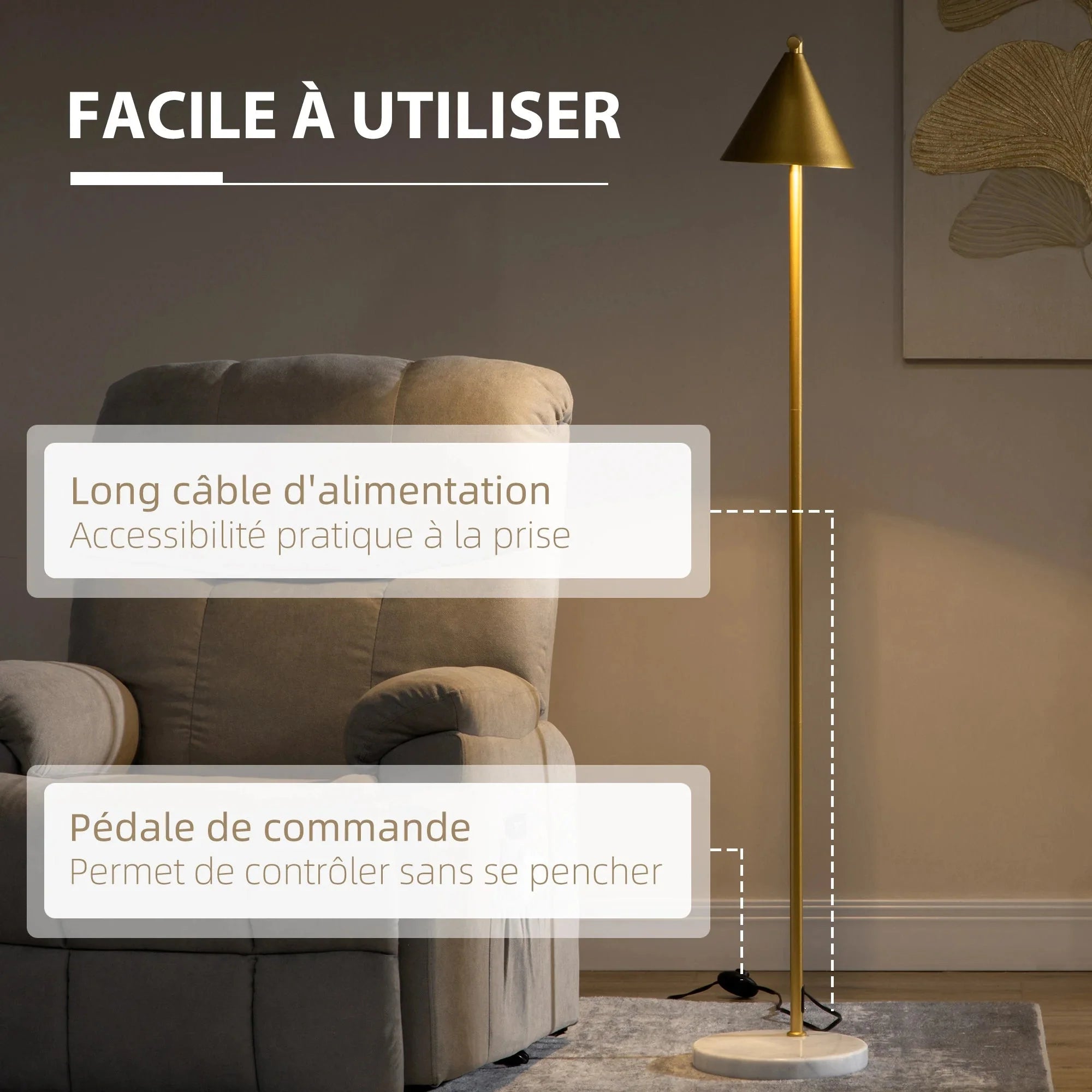 Lampadaire Liseuse Doré sur Pied en Métal -