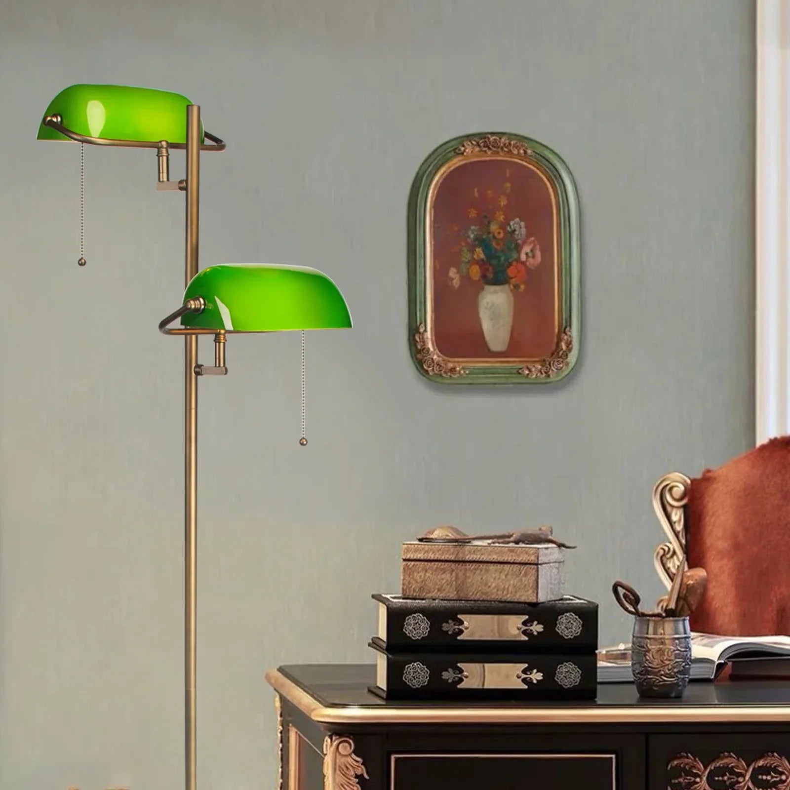Lampadaire Liseuse Style Banquier Vert et Laiton -