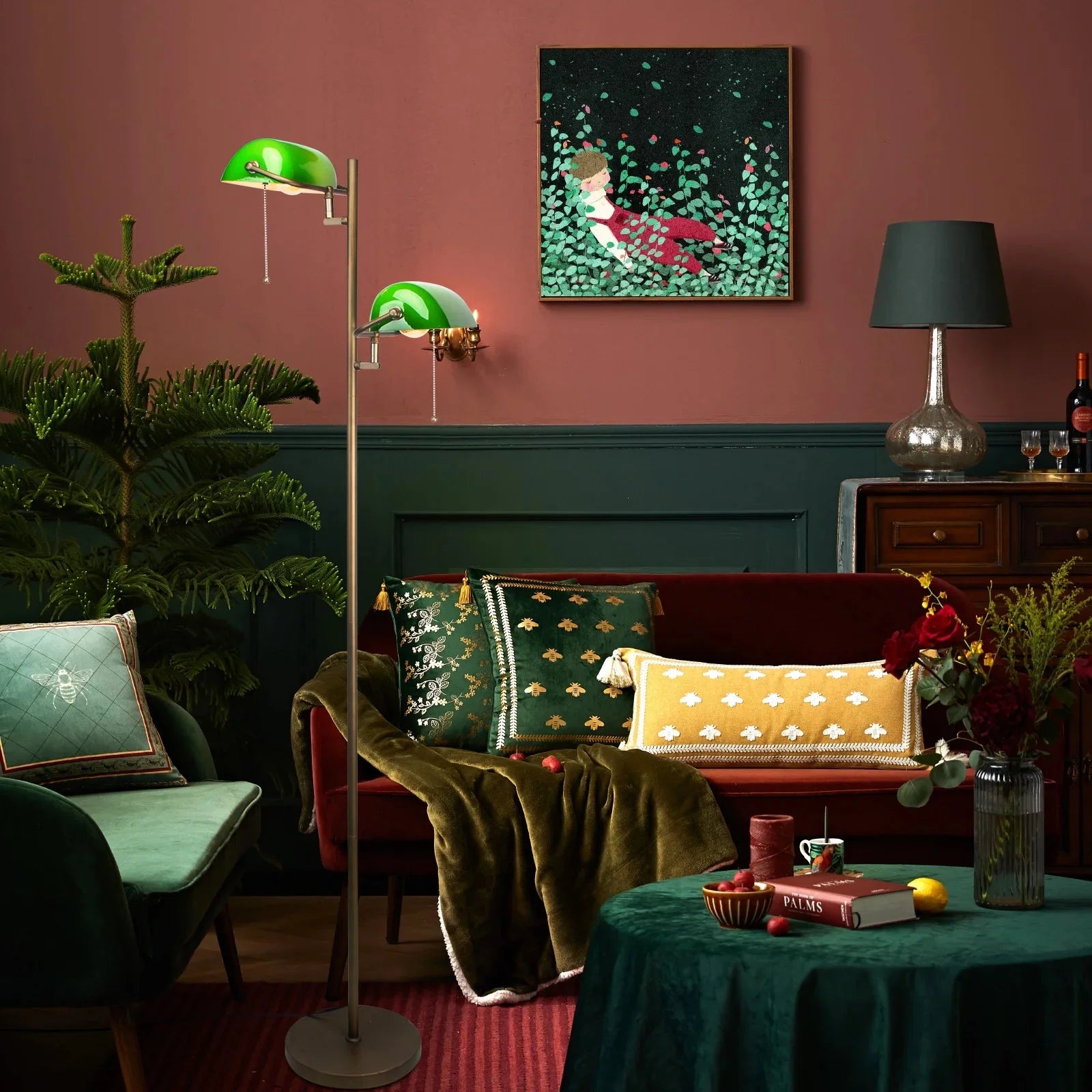 Lampadaire Liseuse Style Banquier Vert et Laiton -