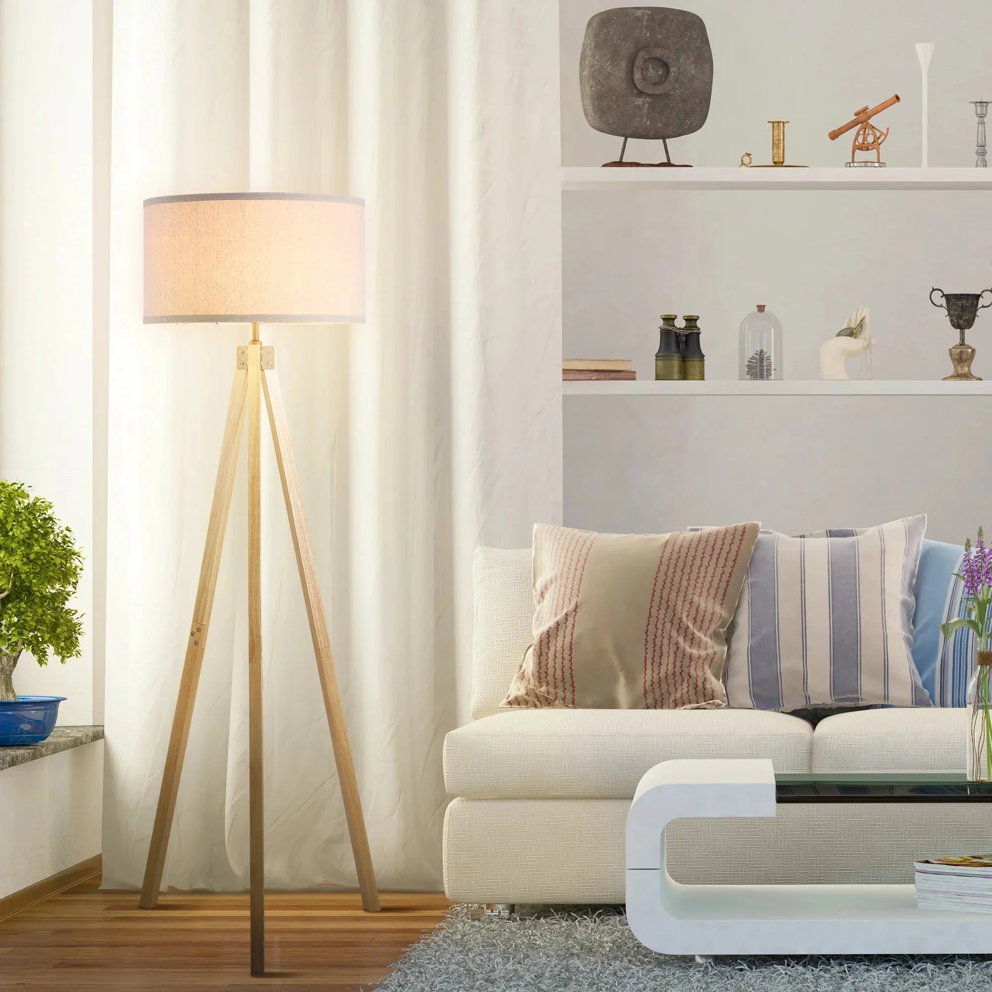 Lampadaire Trépied Scandinave en Bois Clair -