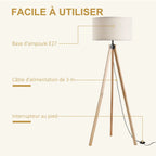 Lampadaire Trépied Scandinave en Bois Clair -