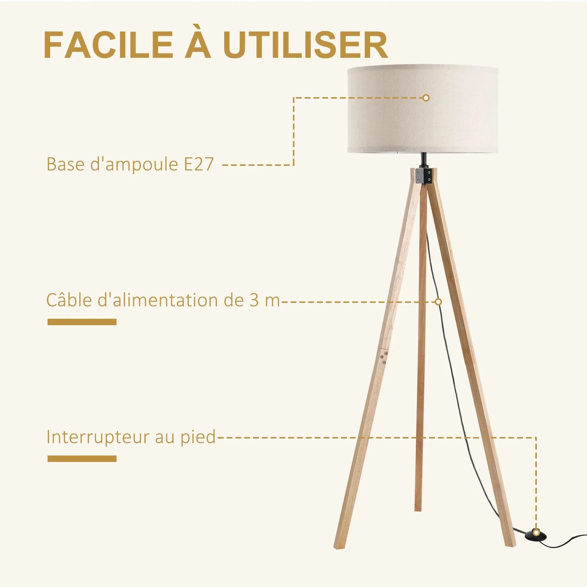 Lampadaire Trépied Scandinave en Bois Clair -