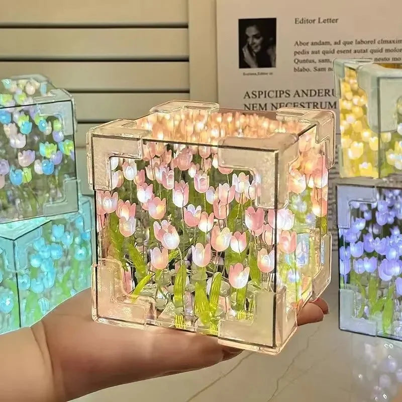Lampe Cube Fleur - Rose