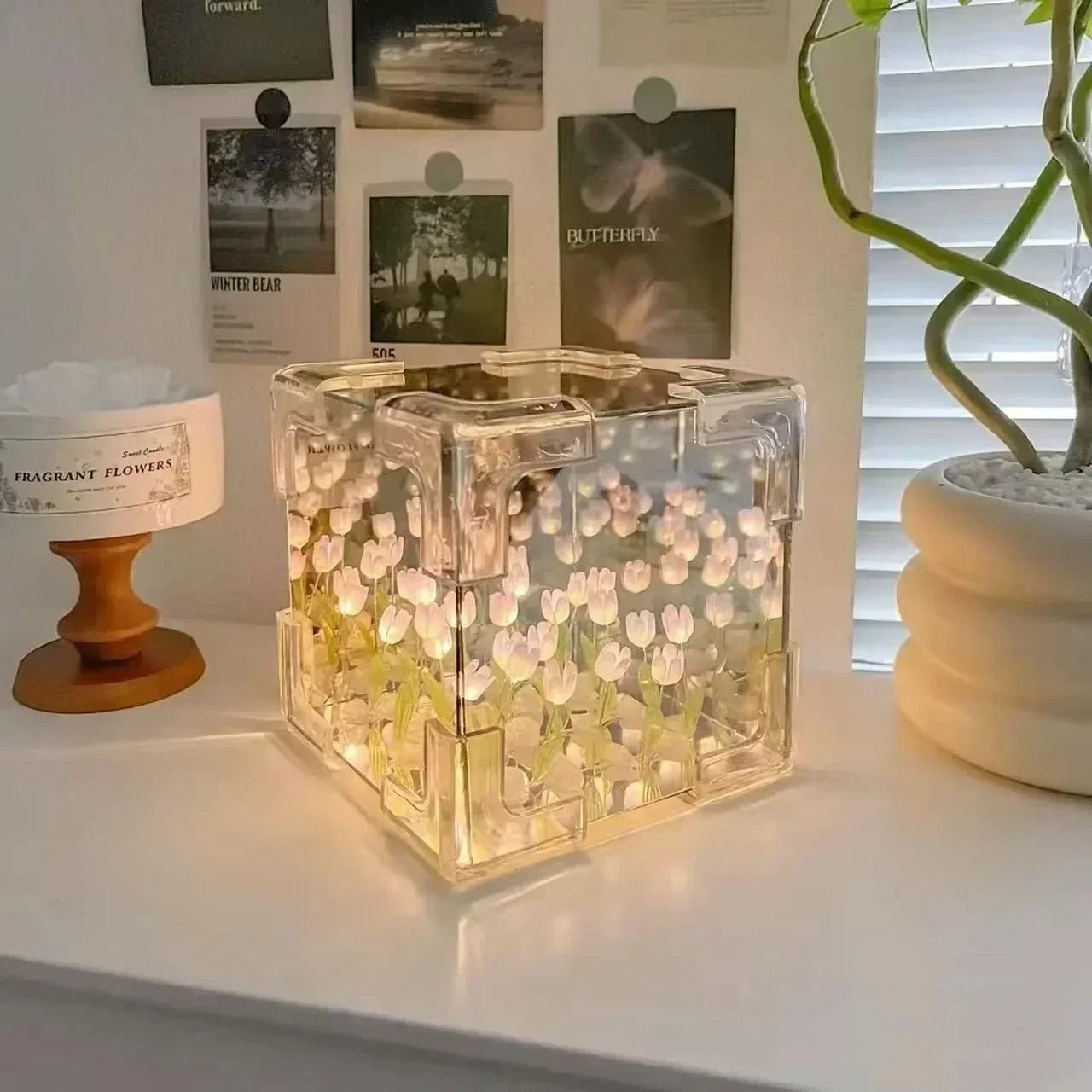 Lampe Cube Fleur - Rose