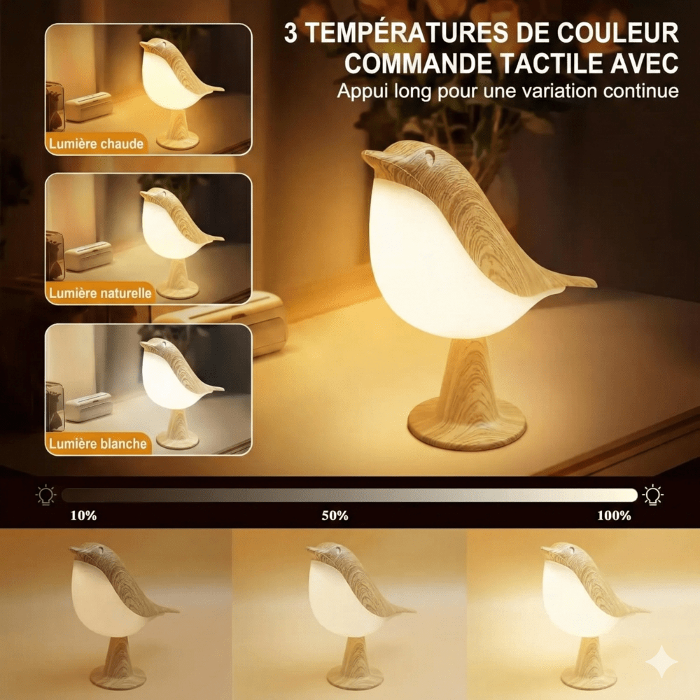 Lampe de Chevet Tactile Oiseau Design Scandinave en Bois -
