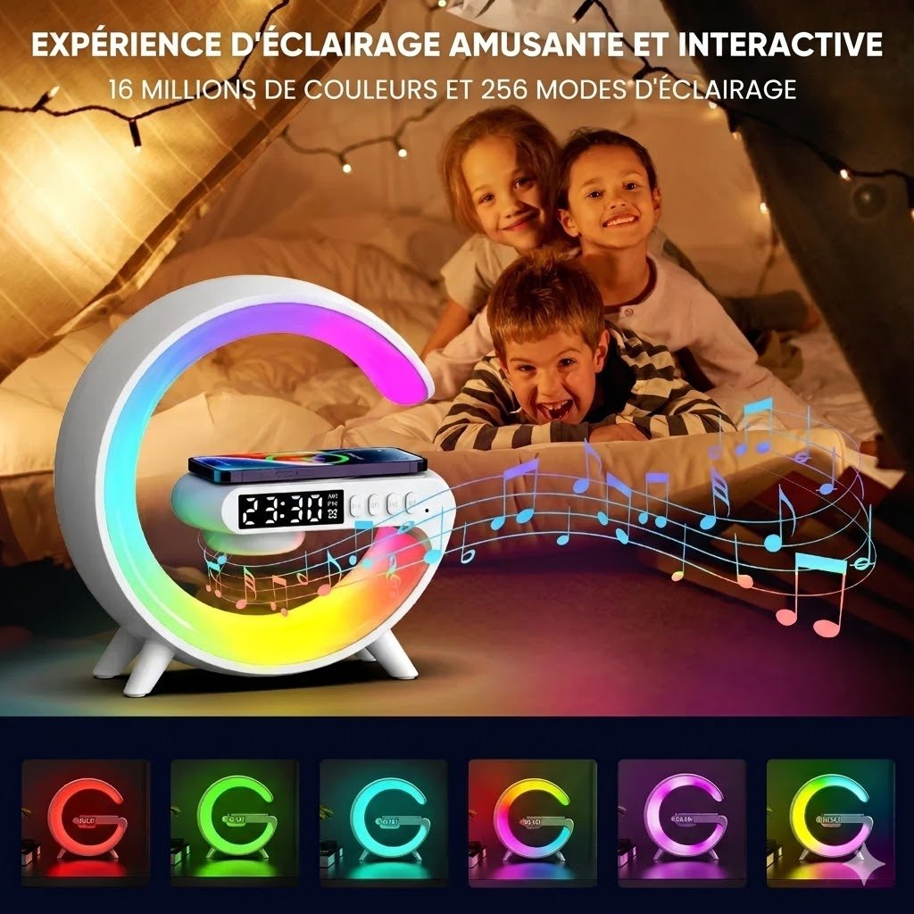 Lampe Reveil Enceinte Chargeur Sans Fil - Noir