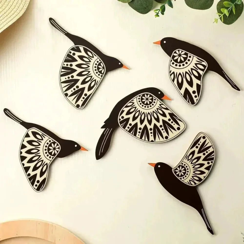 Lot de 5 Décoration Murale Oiseaux en Bois -