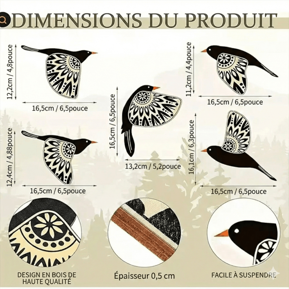 Lot de 5 Décoration Murale Oiseaux en Bois -