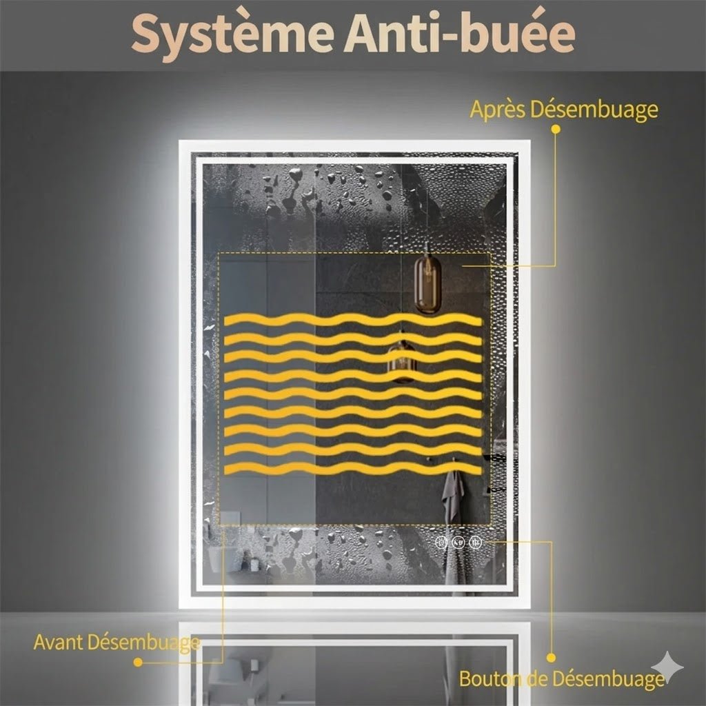 Miroir LED Salle de Bain Rectangulaire Mural Tactile - 50x70cm