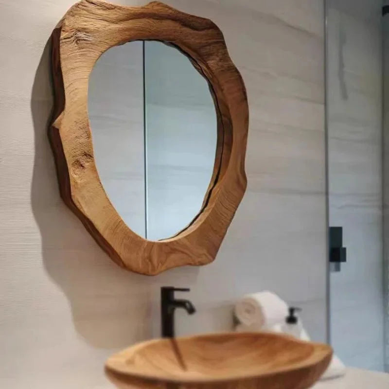 Miroir Mural Asymétrique en Bois Massif - Diametre 30 - 40CM