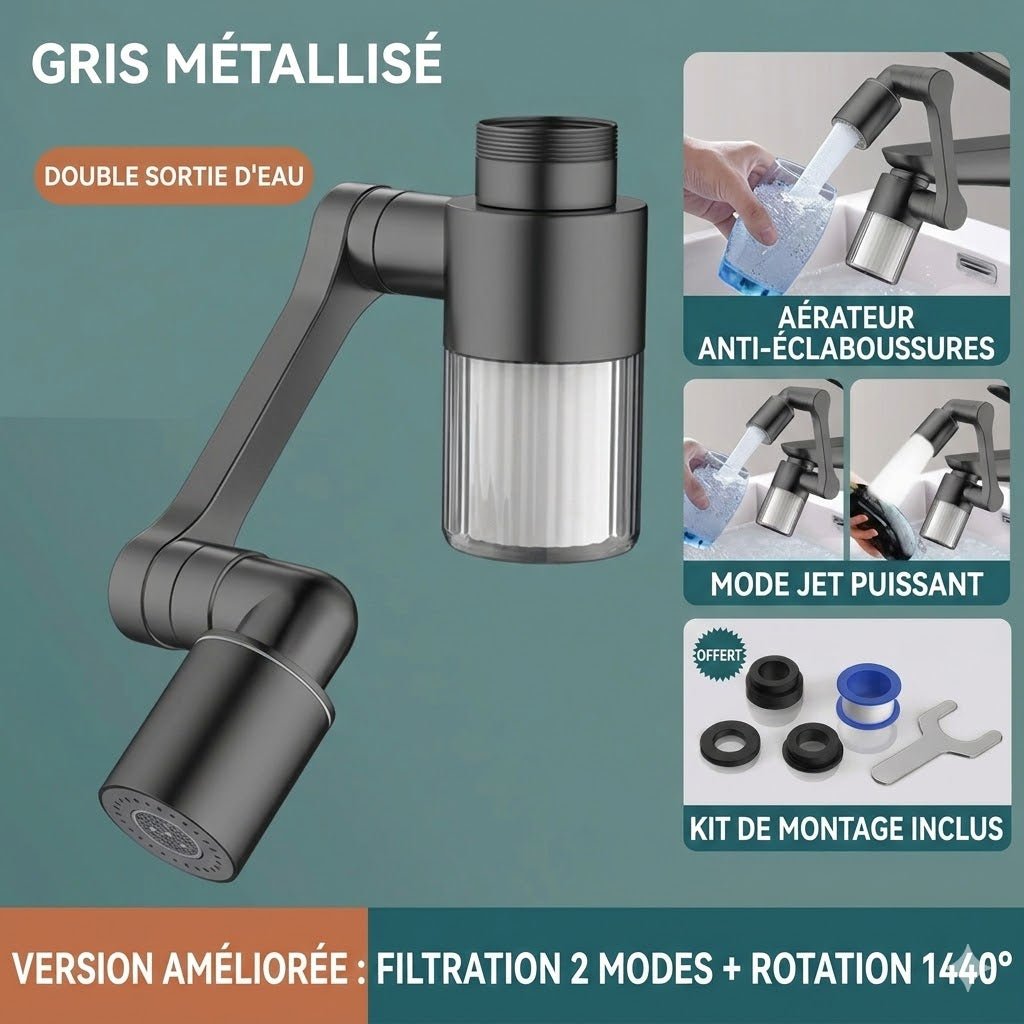 Mousseur Rallonge 1440° avec Filtre Purificateur - Gris