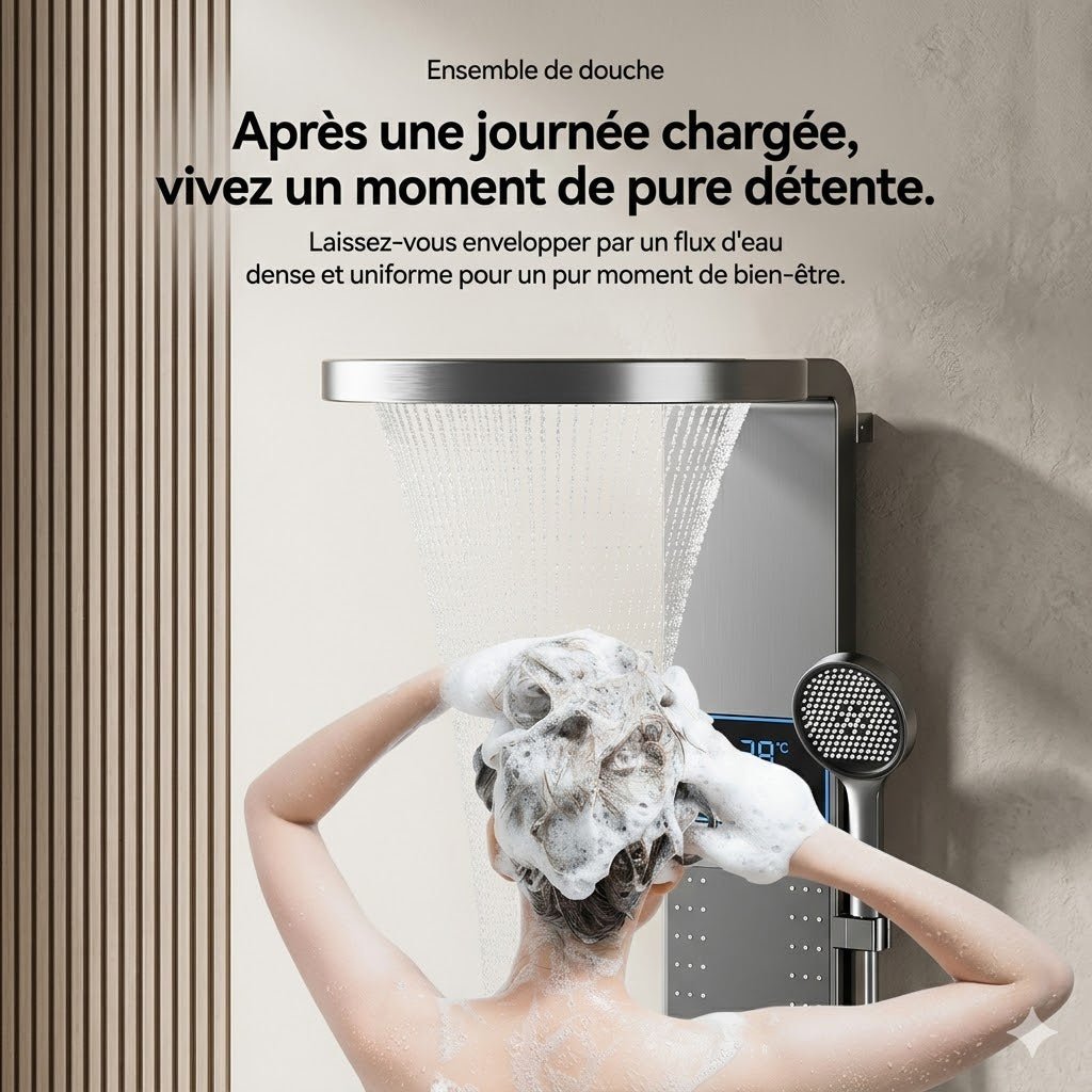 Panneau de Douche Gris Design avec Pommeau en Anneau -