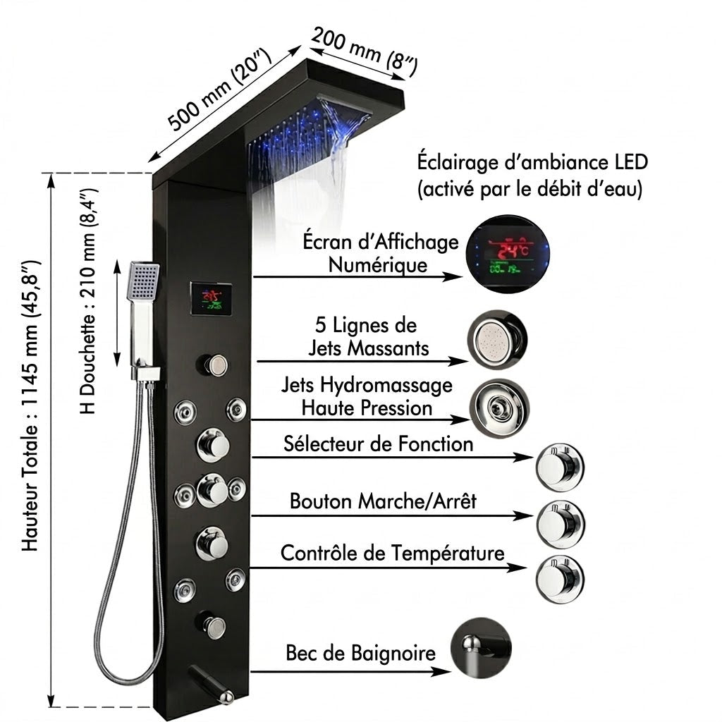 Panneau de Douche Noir avec Jets Hydromassants et LED -