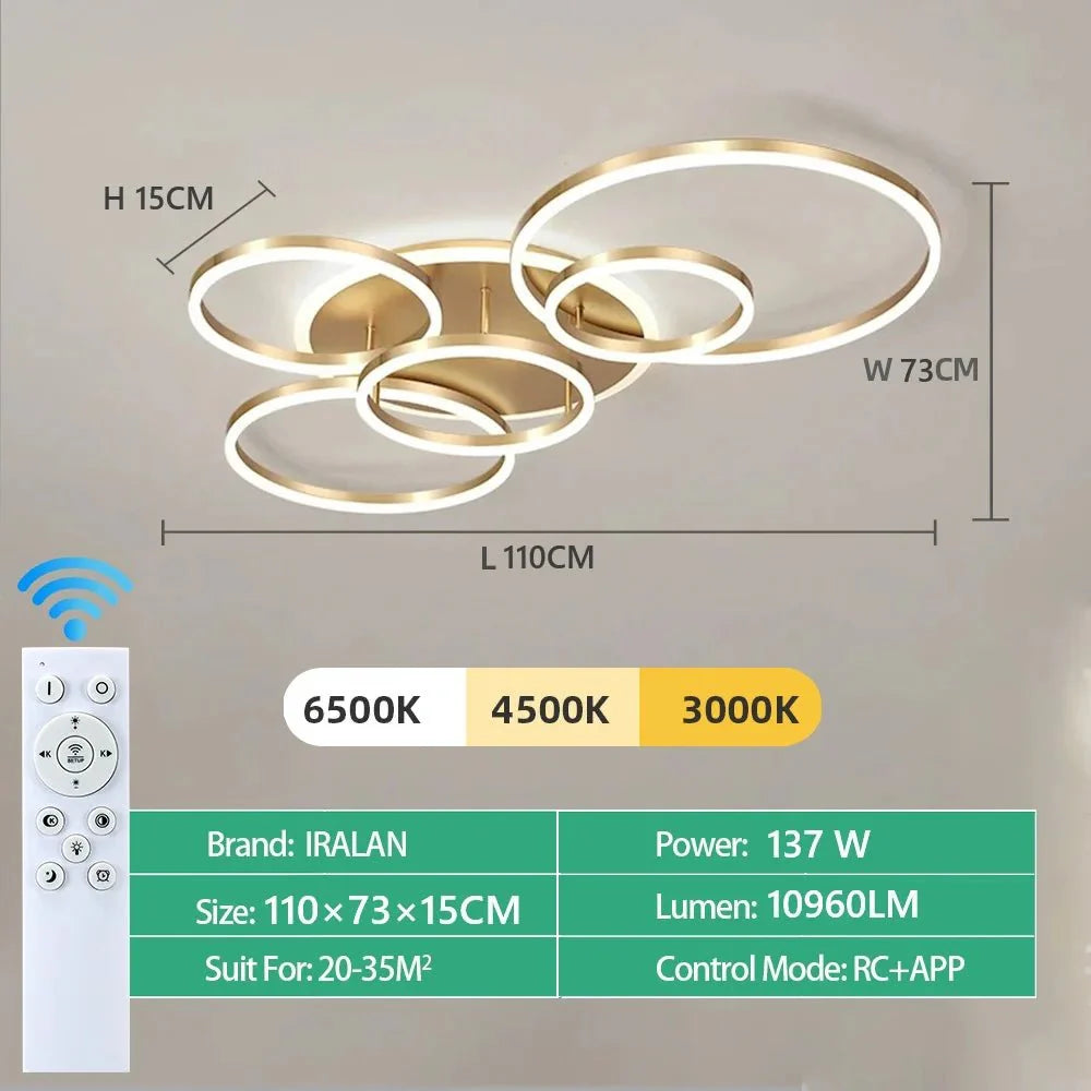 Plafonnier LED Anneaux Entrelacés Blanc - Dorée 5 Cercles LED