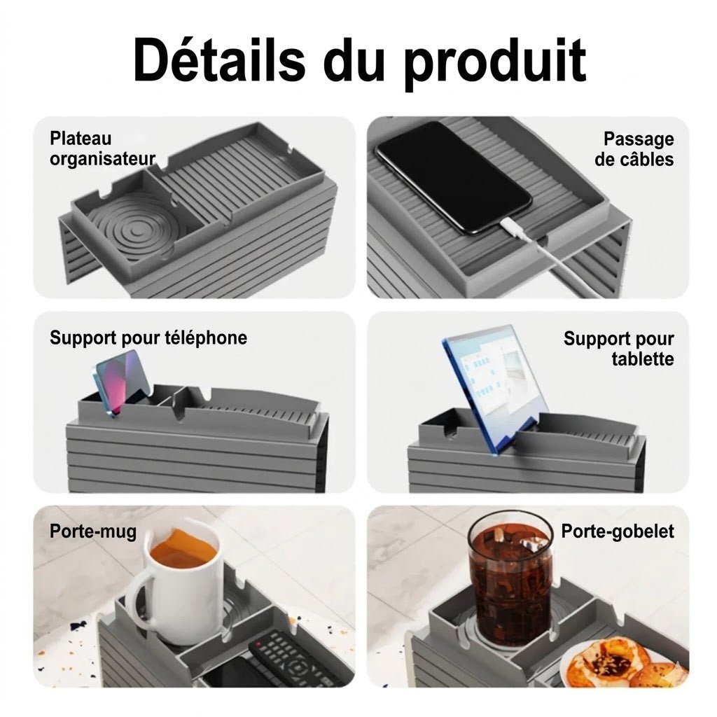 Plateau pour Accoudoir Canapé en Silicone - Gris