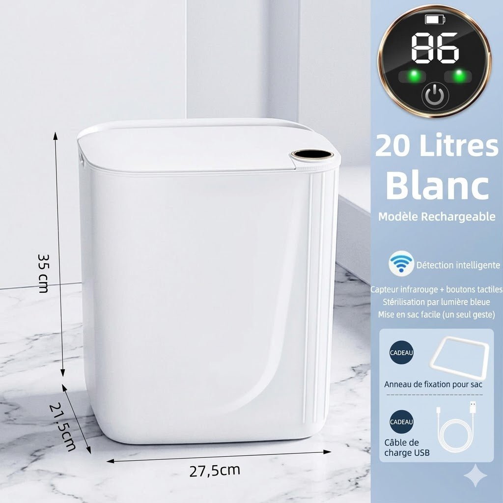 Poubelle Automatique 20L avec Affichage Batterie & Lumière Bleu -