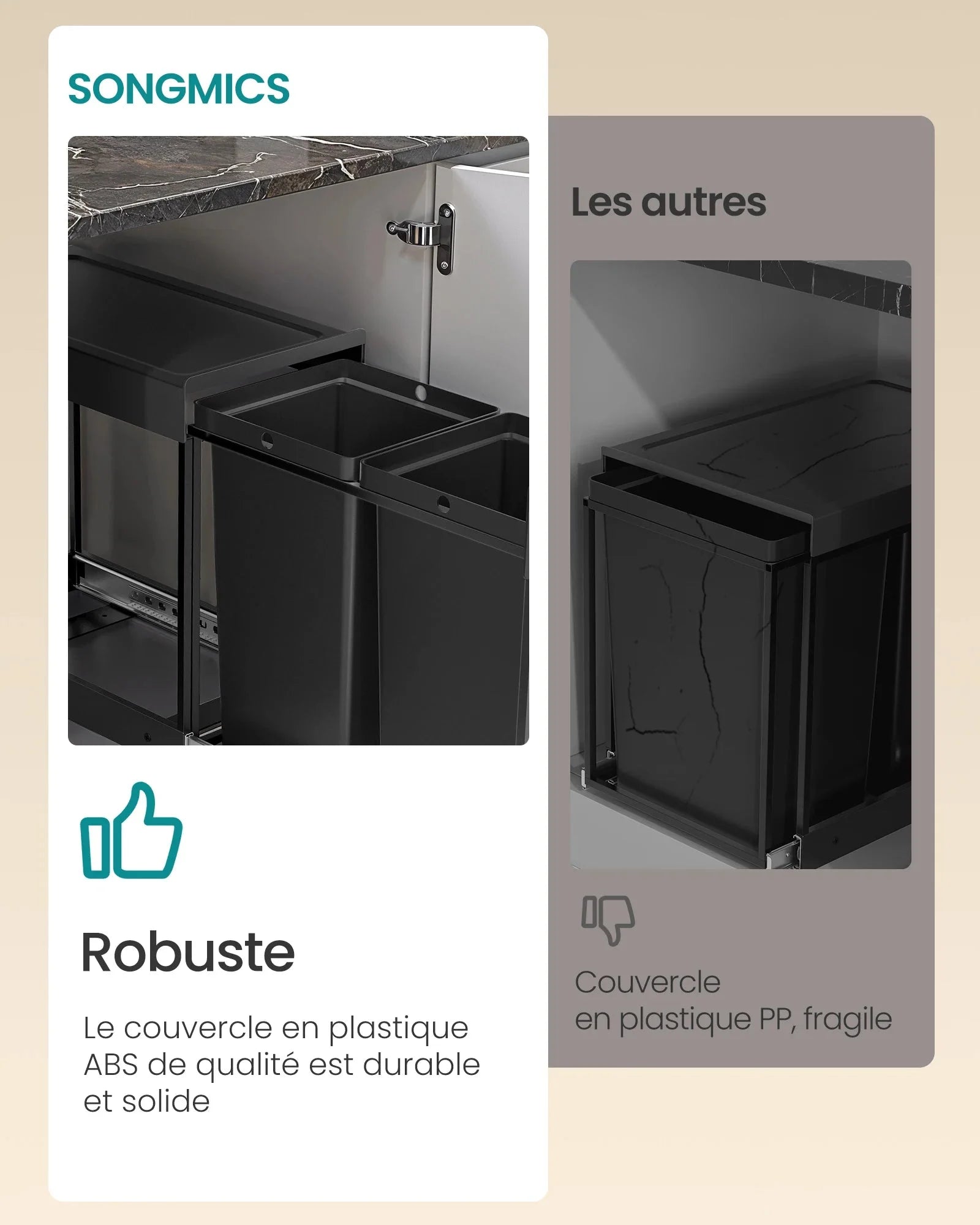 Poubelle de Cuisine Encastrable Sous Evier Tri Selectif 2 Bacs - 48,6 x 25,4 x 44 cm (L x l x H)