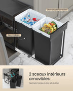 Poubelle de Cuisine Encastrable Sous Evier Tri Selectif 2 Bacs - 48,6 x 25,4 x 44 cm (L x l x H)