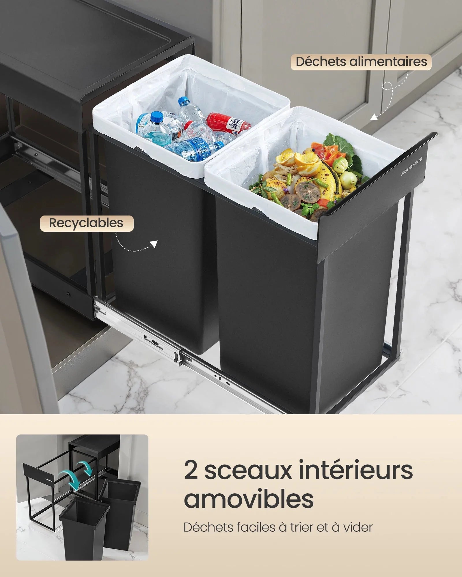 Poubelle de Cuisine Encastrable Sous Evier Tri Selectif 2 Bacs - 48,6 x 25,4 x 44 cm (L x l x H)