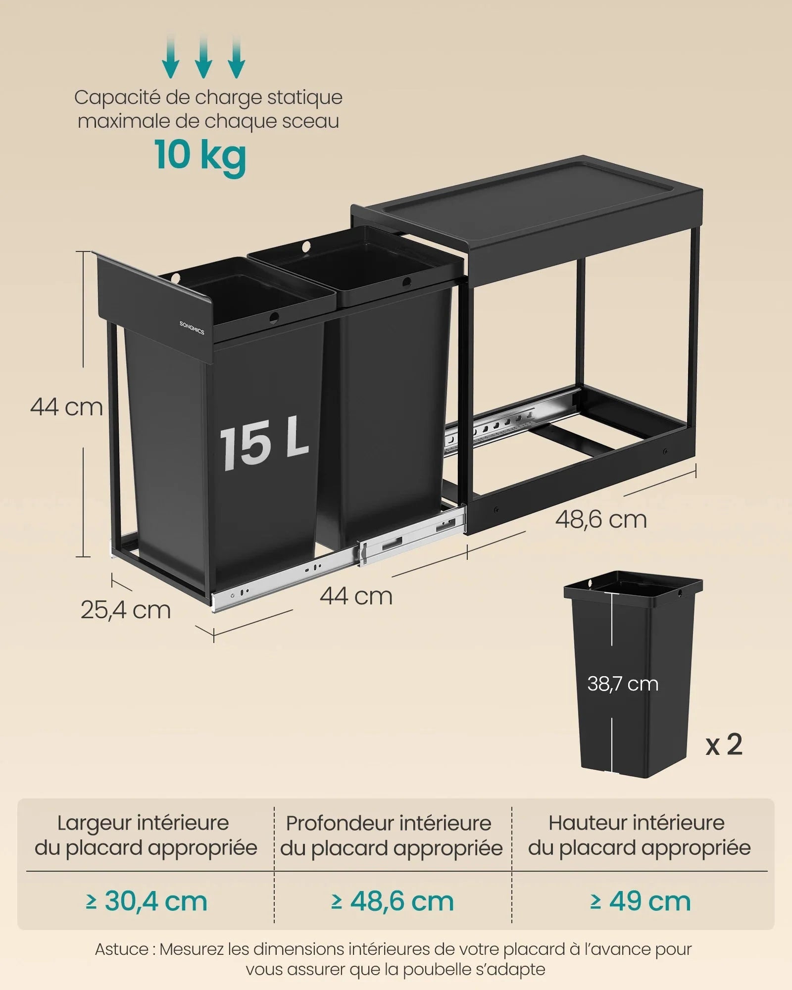 Poubelle de Cuisine Encastrable Sous Evier Tri Selectif 2 Bacs - 48,6 x 25,4 x 44 cm (L x l x H)