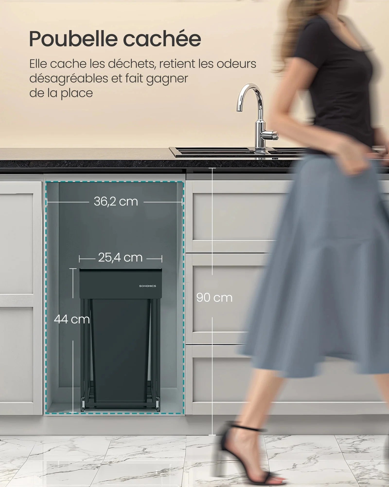 Poubelle de Cuisine Encastrable Sous Evier Tri Selectif 2 Bacs - 48,6 x 25,4 x 44 cm (L x l x H)