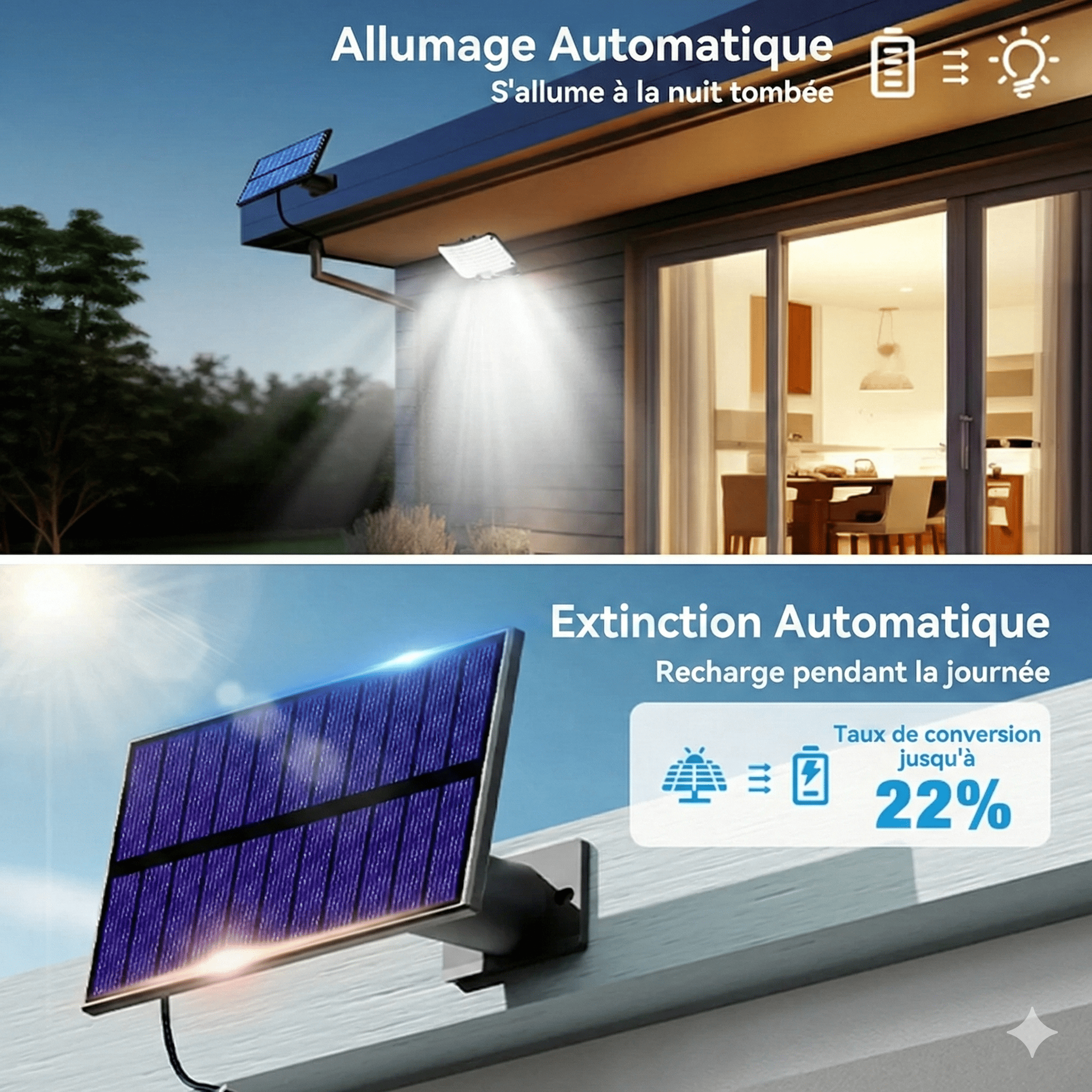 Projecteur LED Grand Angle avec Télécommande & Panneau Solaire Déporté -