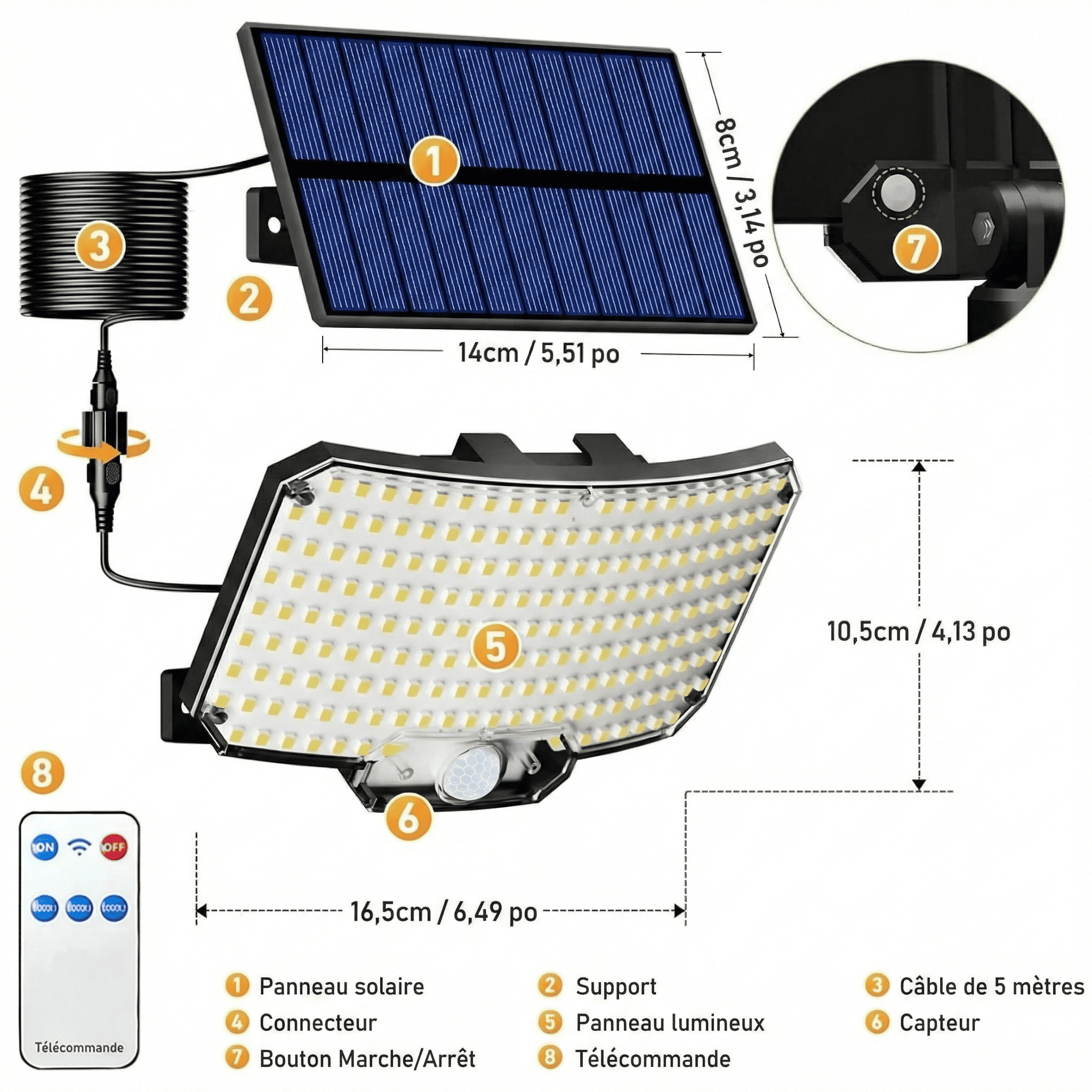 Projecteur LED Grand Angle avec Télécommande & Panneau Solaire Déporté -