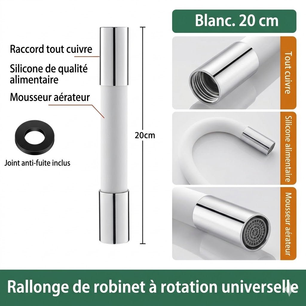 Rallonge Robinet Flexible en Silicone 360° - Blanc - 20cm