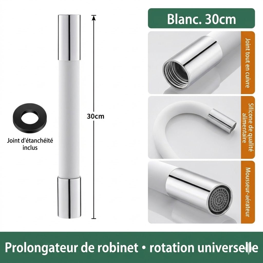 Rallonge Robinet Flexible en Silicone 360° - Blanc - 30cm