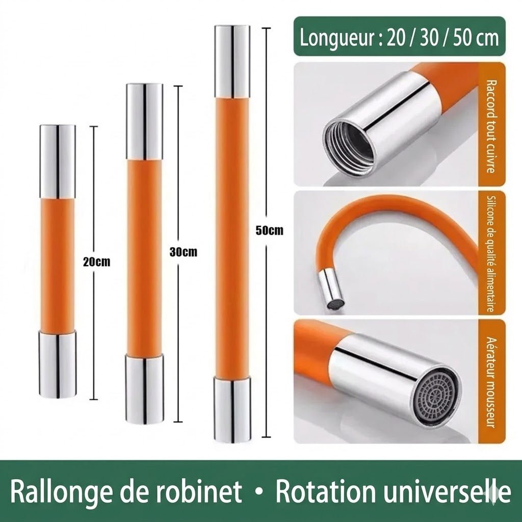 Rallonge Robinet Flexible en Silicone 360° - Orange - 20cm
