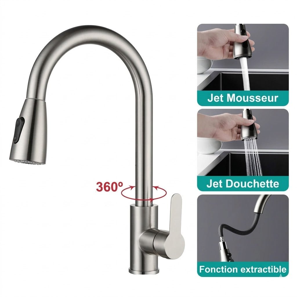 Robinet de Cuisine Gris en Acier avec Douchette - D