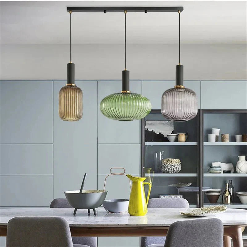 Suspension 3 Lampes Verre Ambré et Laiton - Gris B 13cm