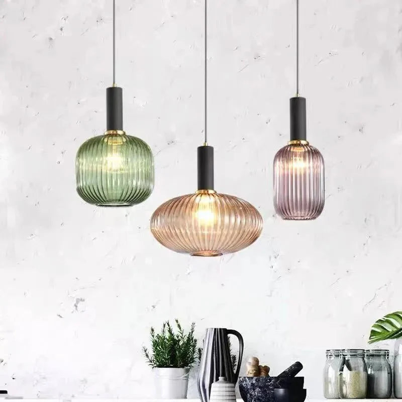Suspension 3 Lampes Verre Ambré et Laiton - Gris B 13cm