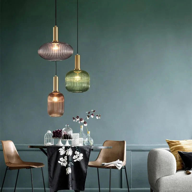 Suspension 3 Lampes Verre Ambré et Laiton - Gris B 13cm