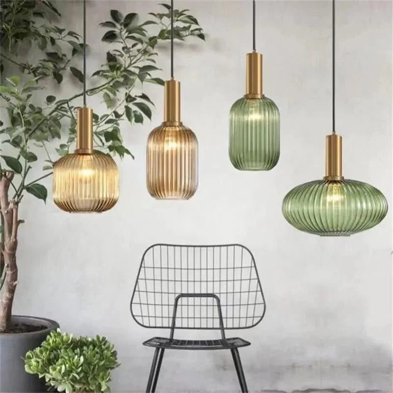 Suspension 3 Lampes Verre Ambré et Laiton - Gris B 13cm