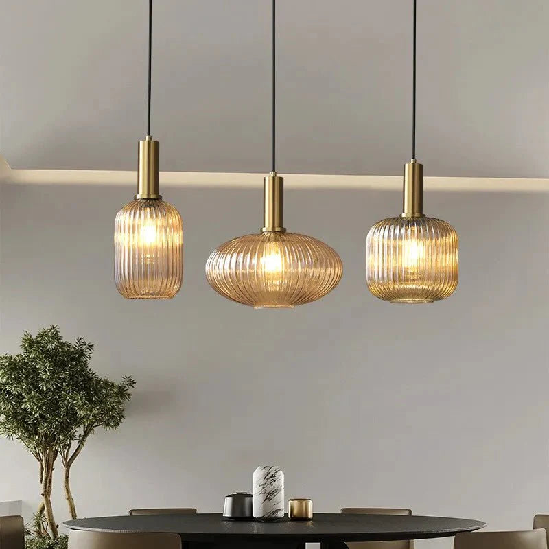 Suspension 3 Lampes Verre Ambré et Laiton - Gris B 13cm
