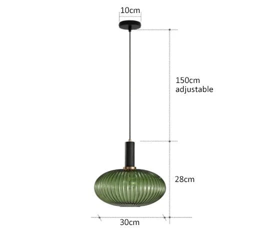 Suspension 3 Lampes Verre Ambré et Laiton - Vert B 30cm