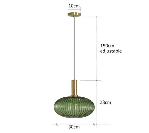 Suspension 3 Lampes Verre Ambré et Laiton - Vert G 30cm